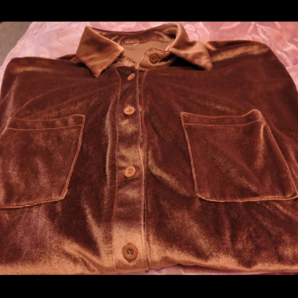 Gold/Bronze Velvet Button-Up Shirt NWOT women's xl but fits like a large